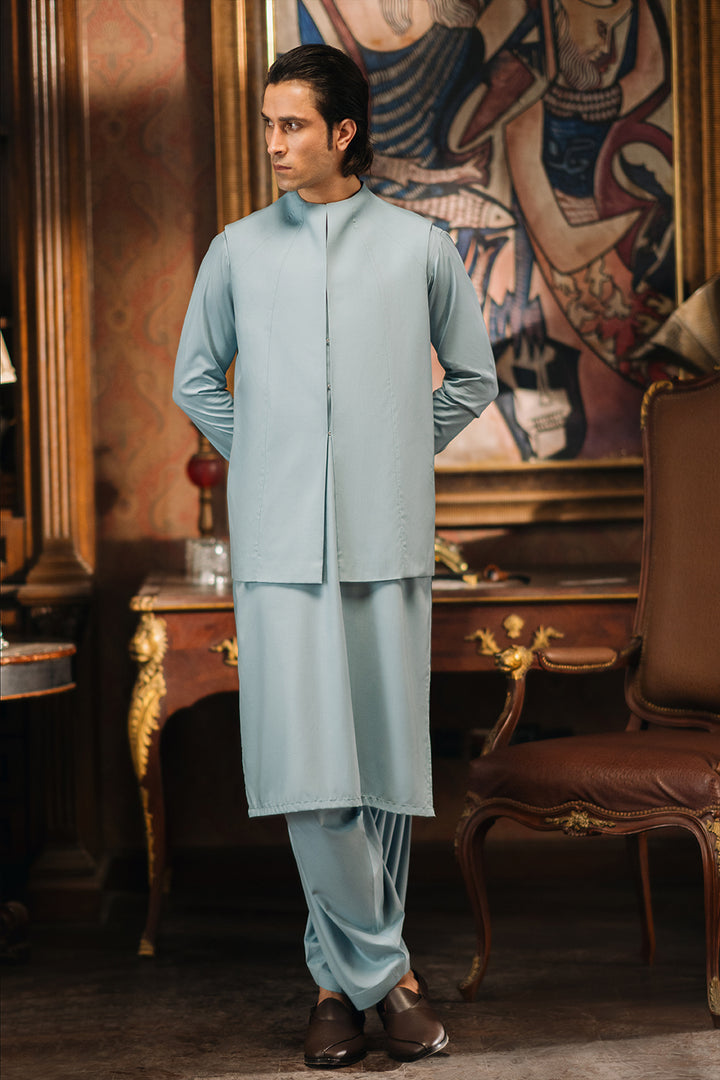 Silt Green Shalwar Kameez with Waistcoat