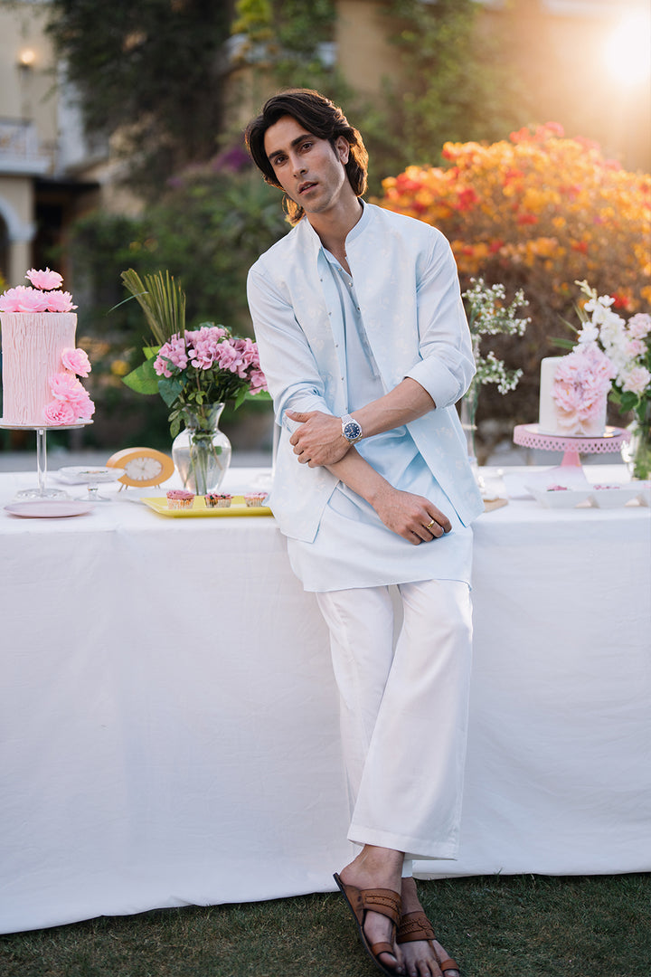 Sky Blue Kurta with White Boot Cut Trouser and Printed Light Blue Waistcoat