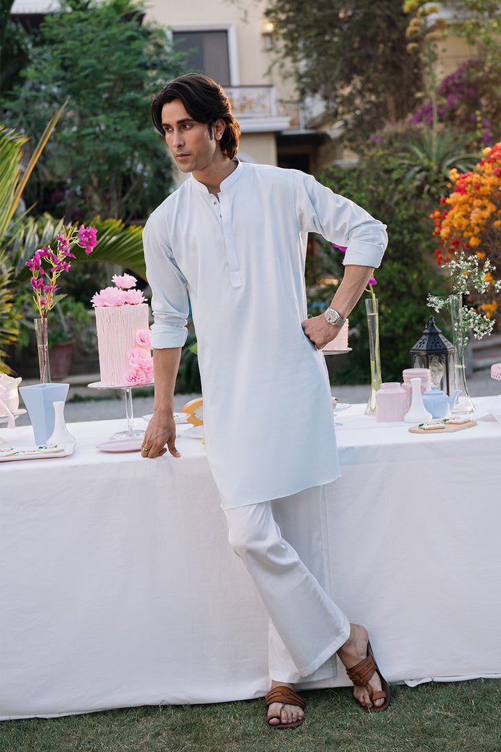 Sky Blue Kurta with White Boot Cut Trouser and Printed Light Blue Waistcoat